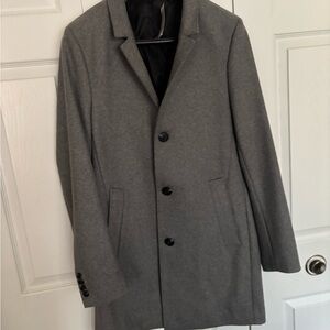 Men's Grey Coat 3/4 length top stitch side pockets back split. Wool/ polyester